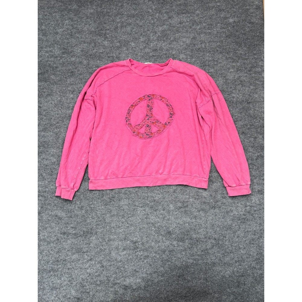 Easel Pink Peace Sign Graphic Sweatshirt Womens Large Floral Patchwork Boho Top